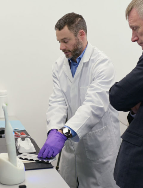 Adam Christie, CEO of Calcivis, pictured with
Ivan McKee  MSP, Minister for Trade, Investment and Innovation 
in the company lab at Edinburgh BioQuarter.

Photo by Phil Wilkinson